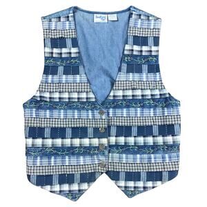Vintage Bedford Fair Patchwork Plaid Denim Vest M